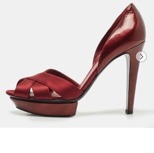 Sergio Rossi Burgundy Satin and Leather Peep Toe Platform D'orsay. 36
